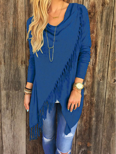 

Knitted Long Sleeve Asymmetrical Fringed Solid Plus Size Sweater, Blue, Sweaters & Cardigans