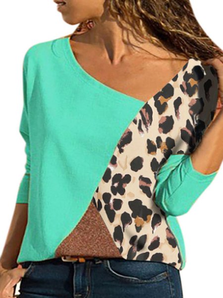 

Casuale Leopardo Patchwork Girocollo Camicetta, Blu, T-Shirts