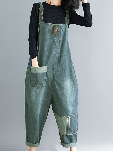 

Blue Pockets Casual Paneled Jumpsuits, Pants