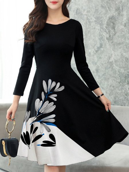 

Crew Neck Black Women Spring Dresses Date Paneled Floral Dresses, Spring Dresses