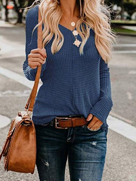 

V Neck Solid Cotton Casual T-shirt, Blue, Auto-Clearance