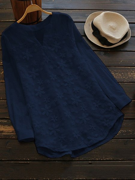 

zolucky Long Sleeve Casual Embroidered Cotton Casual Tops, Blue, Blouses & Shirts