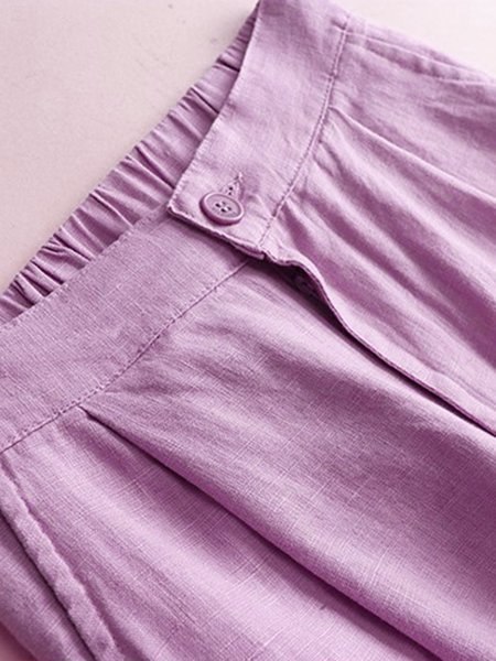 

JFN Solid Pockets Elastic Linen Casual Straight Pants, Purple, Pants