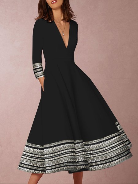 

V Neck Black Women Spring Dresses A-Line Evening Party Cotton Dresses, Spring Dresses