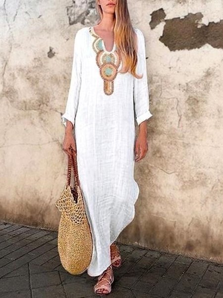 

Women Vintage V Neck Cotton Dress, Light gray, Maxi Dresses