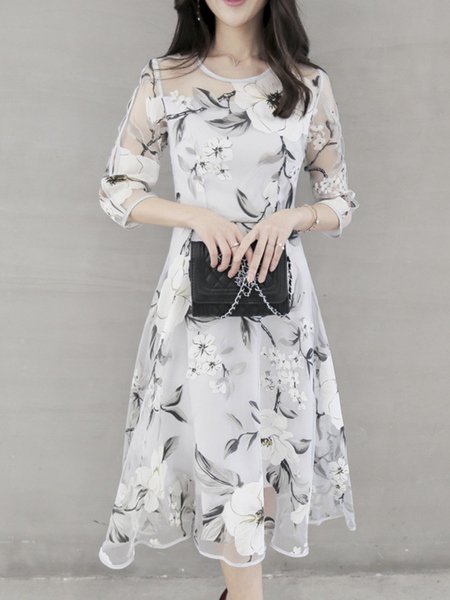 

Gray A-line Women Going out 3/4 Sleeve Party Printed Floral Elegant Dress, White, Midi Dresses
