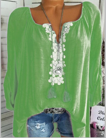 

Maniche Lunghe Casuale Solido Scollo a V taglia grande Camicetta, Verde, T-Shirts