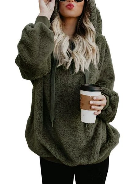 

FW Oversized Women's Long Sleeve Teddy Fleece Hoodie Drawstring Pullover Hooded Sweatshirt, Army green, Hoodies & Sweatshirts