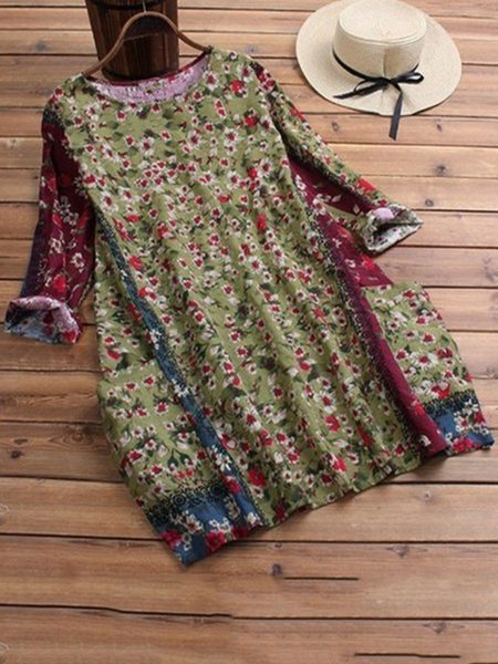 

Floral-Print Cotton Casual 3/4 Sleeve Midi Dresses, Green, Floral Dress