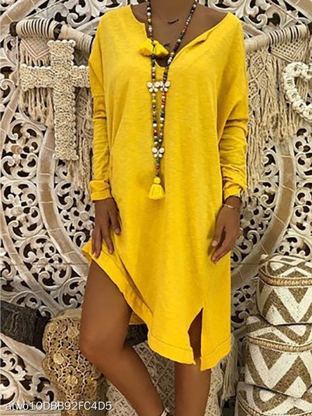 

Solid V Neck Casual Women Dress, Yellow, Dresses