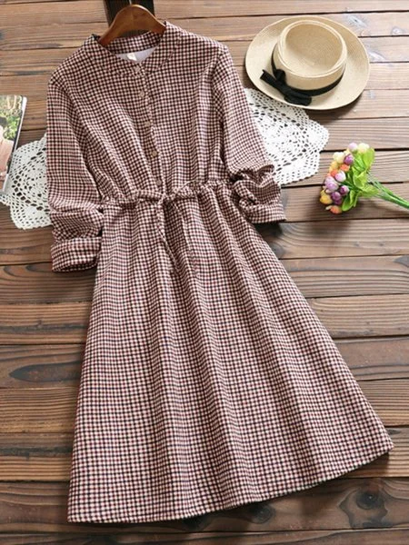 

Buttoned Long Sleeve Plaid Weaving Dress, Khaki, Dresses