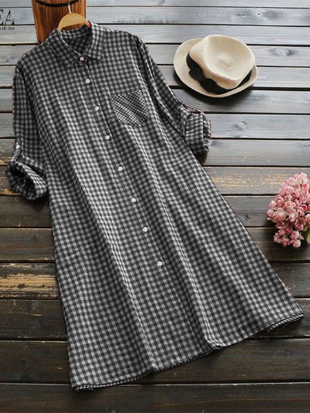 

Casual Long Sleeve Daytime Shift Shirt Collar Plaid Dress, Black, Auto-clearance