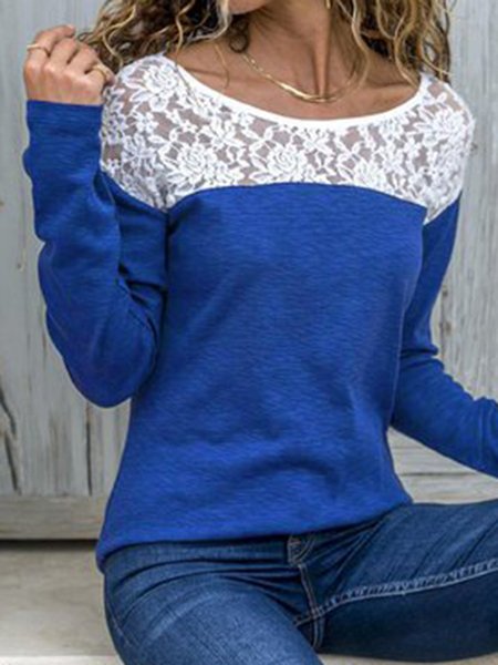 Fashion Lace Panel Long Sleeve T-Shirt, Blue, Long sleeves
