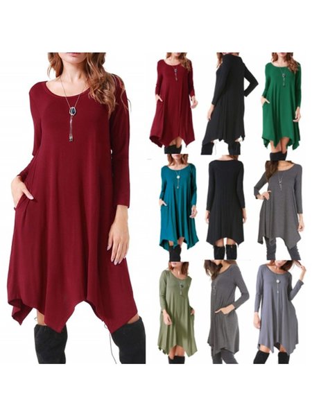 

10 Colors Plus Size Women Solid Basic Knitting Dress, Coffee, Dresses