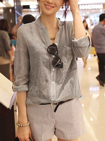 

Women Causal Long Sleeve Solid Stand Collar Cotton Blouse, Gray, Tunics