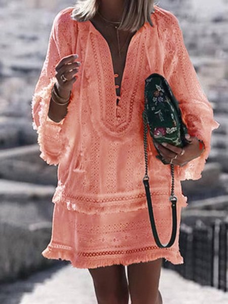

Maniche Lunghe Scollo a V Casuale Vacanza Gonna, Rosso, Casual Dresses