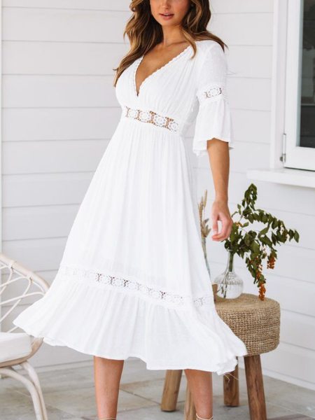 

Bianco Vintage Scollo a V profondo Tinta unita Panelled Gonna Casuale, Dresses