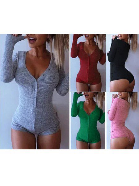 

V-Neck One Piece Bodysuit Bodycon Rompers Overall, Pink, Jumpsuits＆Rompers