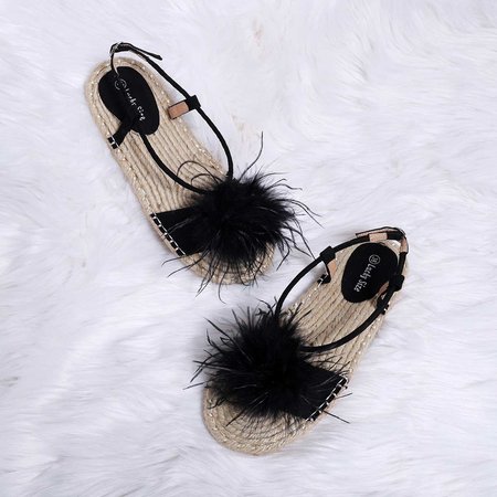 

Ostrich Feather Sandals Espadrilles Buckle Sandals, Black, Sandals