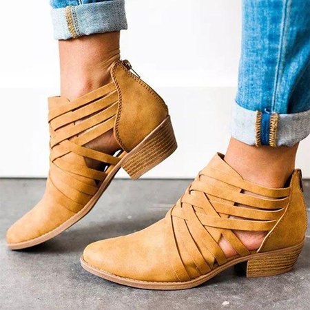 

Plus Size Criss-Cross Ankle Heel Booties Hollow-out PU Boots, Tan, Boots
