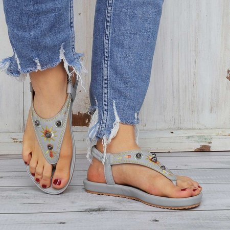

JFN Comfy Sole Vintage Rivet Sandals Flat Heel Summer Pu Sandals, Gray, Sandals