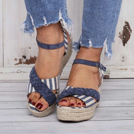 

Stripes Espadrilles Sandals Buckle Strap Wedge Sandals, Blue, Auto-Clearance