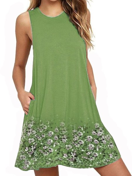 

Crew Neck Women Summer Dress Shift Casual Cotton-Blend Dress, Green, Floral Dress