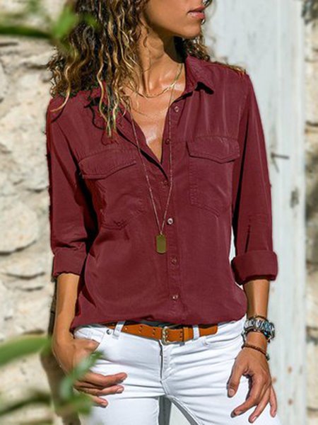

JFN Collar Solid Pocketed Basic Shirt, Wine red, Shirts & Blouses