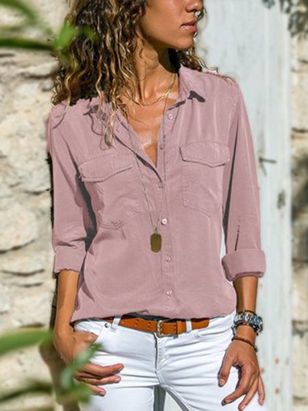 

Women Shirt Fashion Turn Down Collar Solid V Neck Long Sleeve Blouse, Dusty pink, Shirts