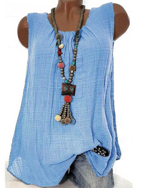 

JFN Round Neck Solid Causal Tank Top, Sky blue, Tanks & Camis