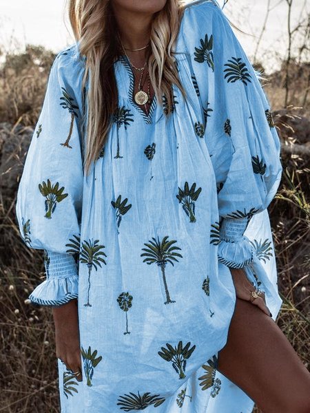 

Women Casual Sundress Sexy V-neck Lantern Sleeve Floral Print Elegant Loose Bohemian Beach Dress, Blue, Boho dresses