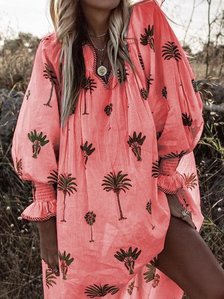 

Women Casual Sundress Sexy V-neck Lantern Sleeve Floral Print Elegant Loose Bohemian Beach Dress, Watermelon, Casual Dresses