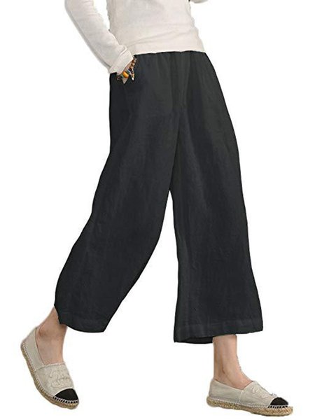

Womens Casual Loose Pockets Elastic Waist Cotton Linen Trousers Cropped Wide Leg Pants, Black, Pants