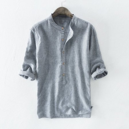 

Mens Cotton Striped Vintage Breathable Loose Fit Long Sleeve Fashion Casual Shirt, Deep blue, Men's basic shirt