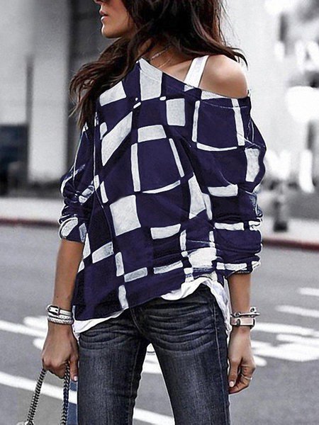

Long Sleeve Vintage Geometric Cotton T-Shirts, Navy blue, Tops