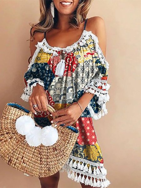 

Mini Gonna BohemianStampata Geometrica a Girocollo a 3/4 Manica, Blu marino, Dresses