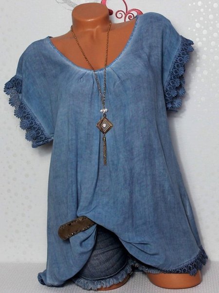 

Short Sleeve Casual Solid Crew Neck T-Shirt & Top, Blue, Blouses