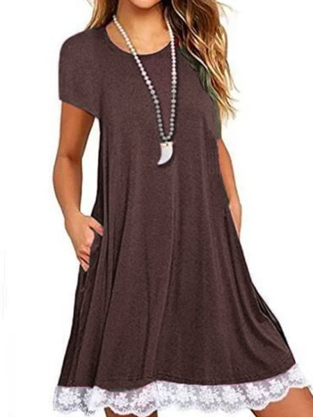 

Women Casual Cotton Short Sleeve Round Neck Lace Dresses, Coffee, Dresses