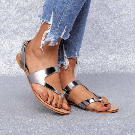 

Summer Flip-Flops Sandals Low Heel Buckle Pu Sandals, Pewter, Sandals