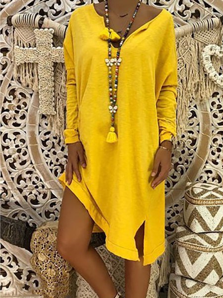 

Solid V Neck Casual Weaving Dress, Yellow, Summer Dresses