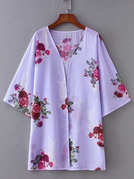 

Half Sleeve Casual Floral Chiffon Printed Kimono, Purple, Outerwear