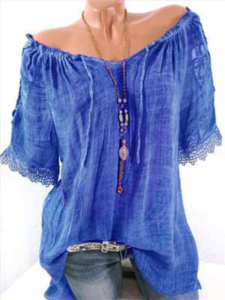 

Off Shoulder Short Sleeve Casual Paneled Plus Size Crochet-trimmed Linen Blouse, Blue, Tops