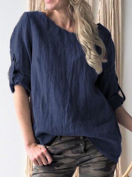 

Linen Solid 2019 New Tops Blouses, Blue, Shirts & Blouses