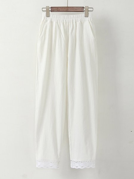 

Summer Linen Pockets Eyelet Plus Size Long Pants, White, Pants