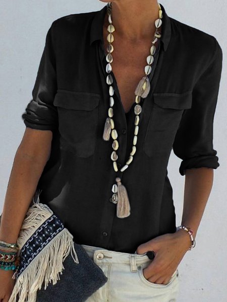 

Long Sleeve Pockets Chiffon Plain Shirts, Black, Shirts & Blouses