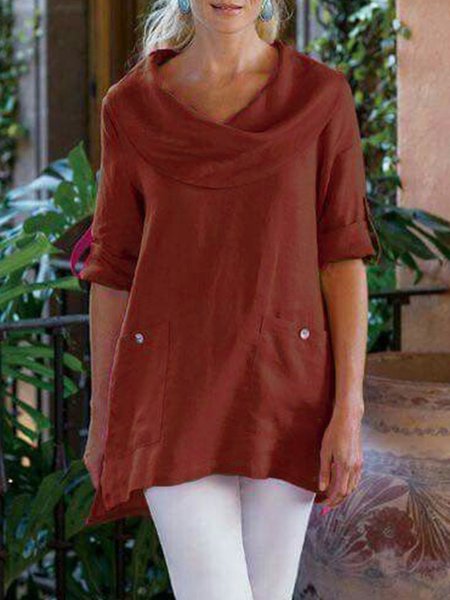 

Women's Shirt Blouse Linen Cotton Cowl Neck Pockets Shirt Plain Casual Button Short Sleeve Elegant Fashion Basic Standing Collar Regular Fit Spring Summer, Red, Tunics