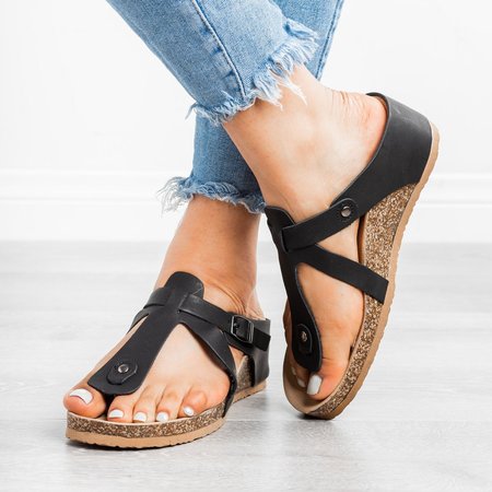 

Thong Wedge Sandals Pu Wedge Heel Summer Slippers, Black, Pullovers