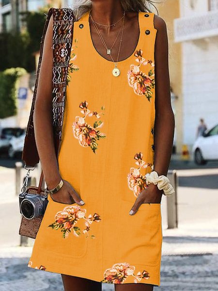 

Midi Abito Dritto Floreale Estivo Casuale senza maniche, Giallo, Casual Dresses