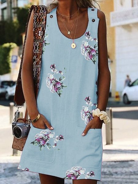 

Women Casual Floral Pockets Crew Neck Sleeveless Paneled Summer Dress, Light blue, Mini Dresses