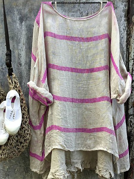 

Women Top Striped Linen Long Sleeve Top Crew Neck Blouse, Purple, Tops